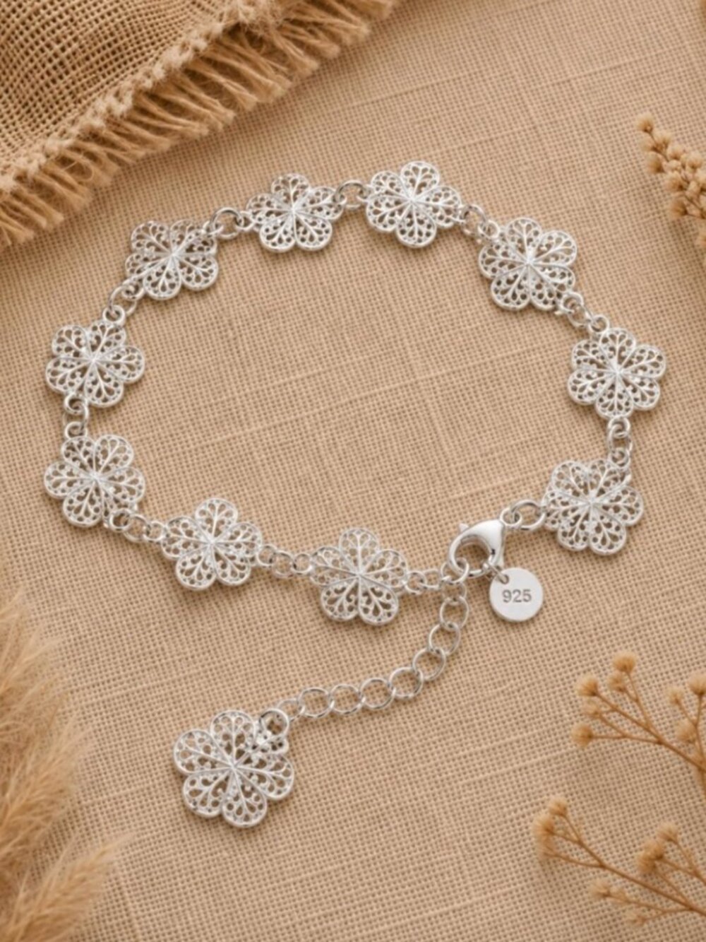 925 Sterling Silver Flat Flower Dangle Charm Bracelet